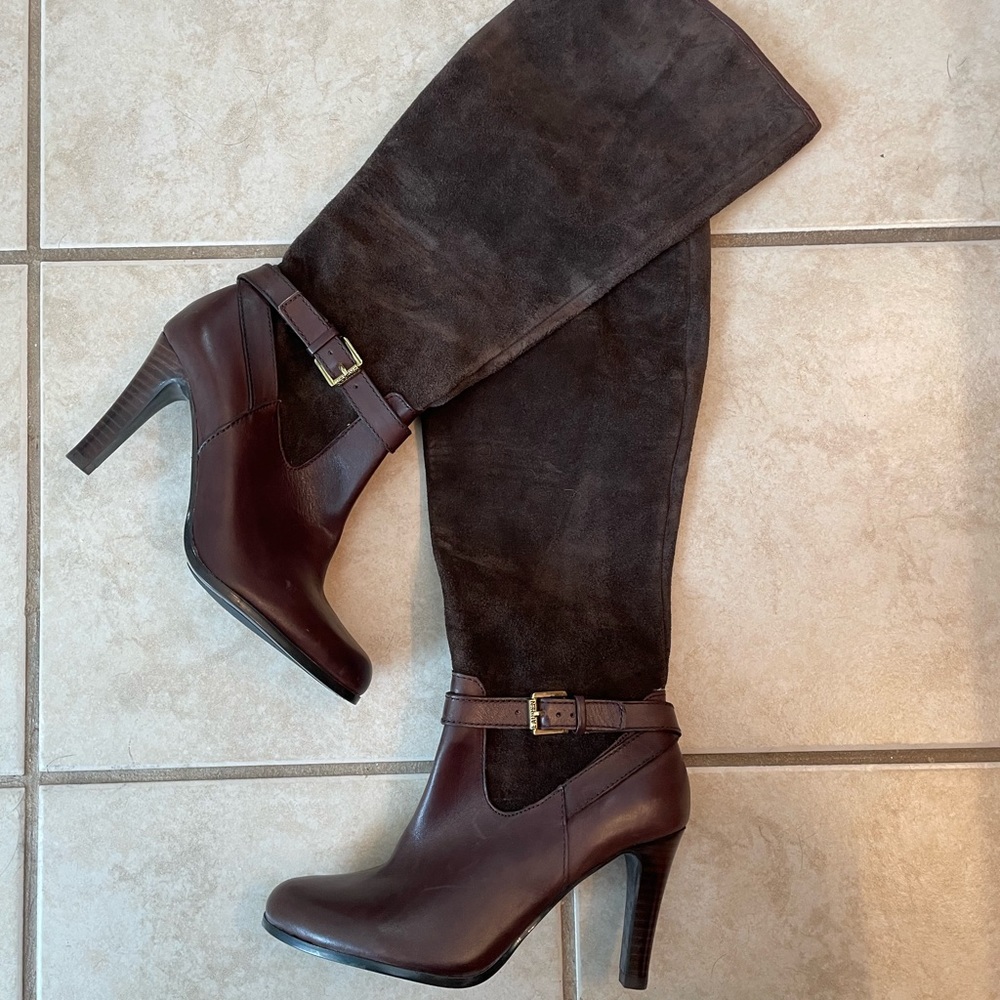Brown heeled knee high boots -  great shape Worn once if ever